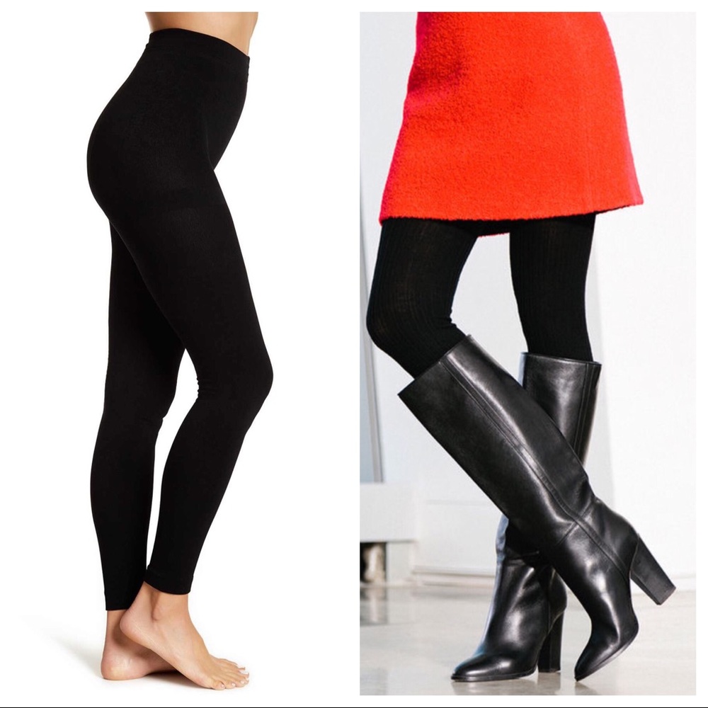 BLACK FLEECE LINED FOOTLESS LEGGINGS TIGHTS - Picture 3 of 13